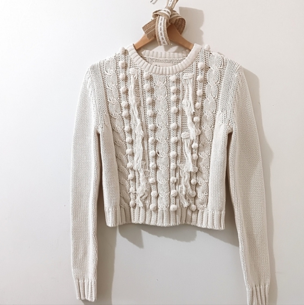 Cleobella Ivory Cream Cable Knit Cotton Pom Fringe Sweater